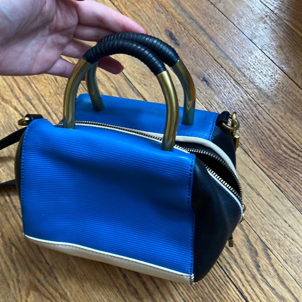 Hare + Hart small square crossbody bag in blue/black